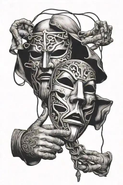 Black and white photograph of a ancient greece drama masks, master of puppets hand with strings, leonardo da vinci human tattoo design idea