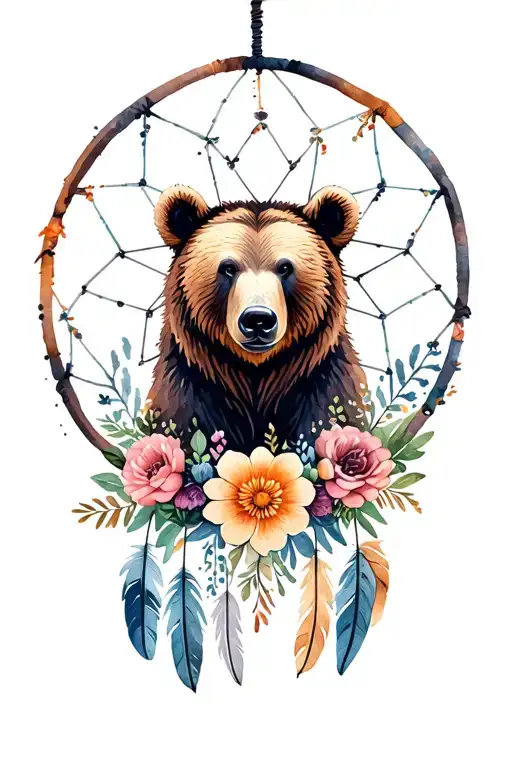 grizzly bear in dream catcher with flowers and feathers  tattoo design idea