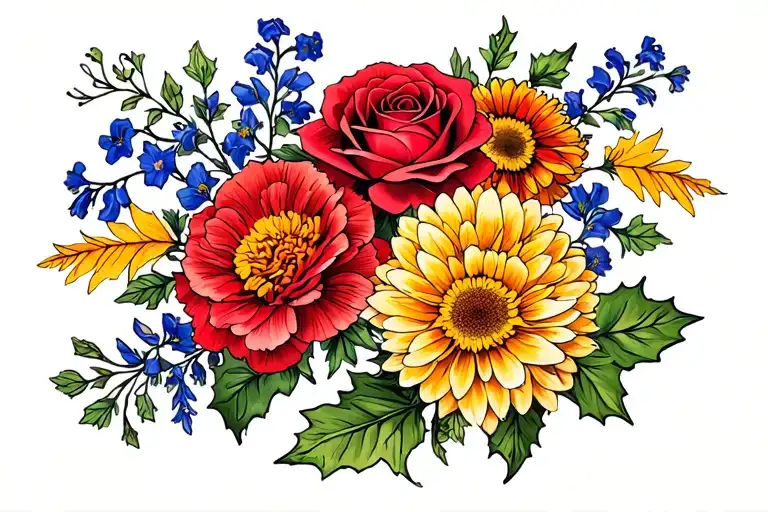 carnation daisy rose larkspur marigold chrysanthemum holly flower garland tattoo design idea