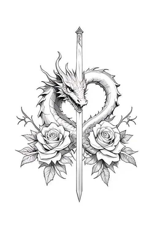 dragon and dagger and roses tattoo design idea