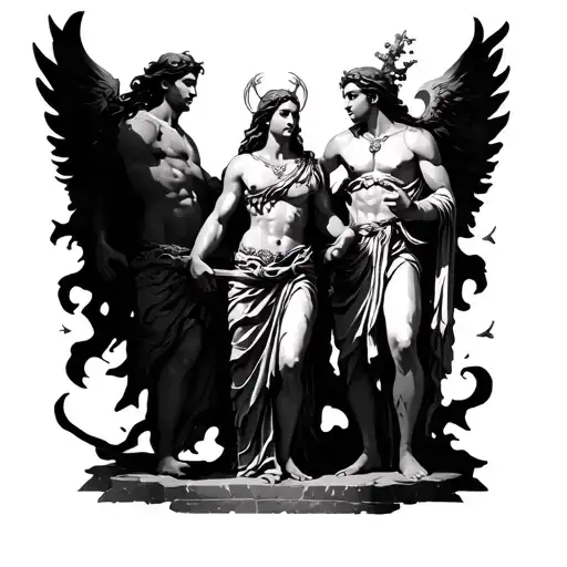 male and female mythological gods Olympus black and white tattoo design idea