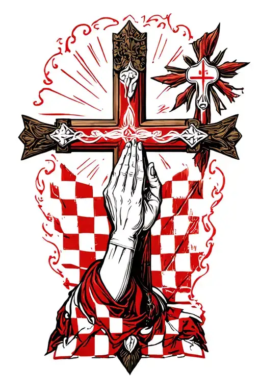 Croatian borders with red and clear checkerboard, behind it i want a santos cross. and above all ot that praying hands tattoo design idea