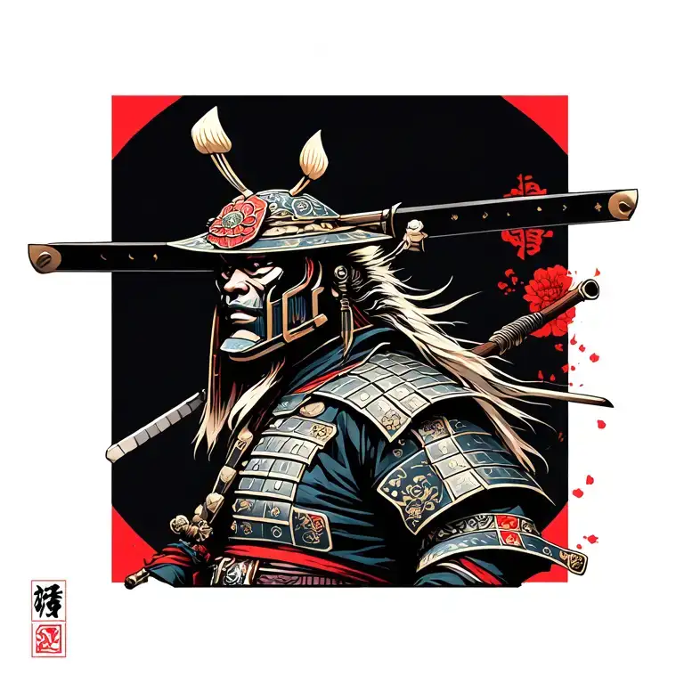 japanese sign for samurai with cyberpunk art around it tattoo design idea