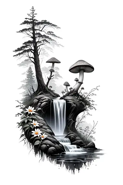 forest, waterfall, mushrooms, flowers  tattoo design idea