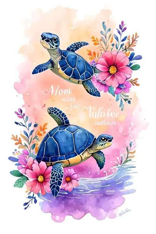 mom turtle swimming alongside their son with flowers and words  tattoo design idea