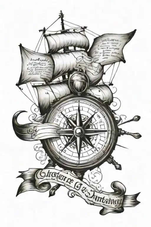 Create a tattoo that contains a read, a compass and a caravel with the writing: Lord of My Destiny, Captain of My Soul tattoo design idea