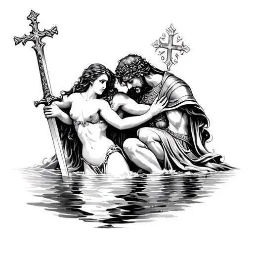 a knight holding a sword with a cross with a water goddess hugging him tattoo design idea