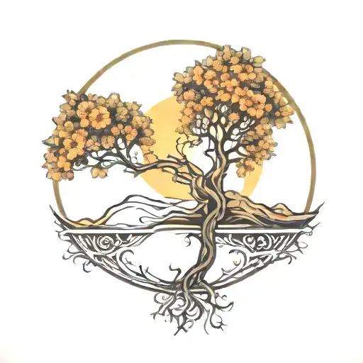  tree of life growing on a half moon tattoo design idea