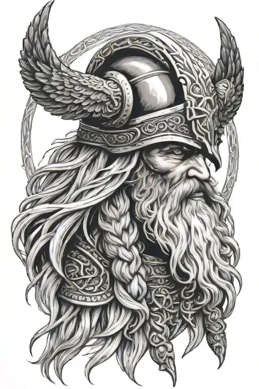 powerful god odin, with horned helmet, his 2 ravens, beard and long hair, furious viking warrior style tattoo design idea