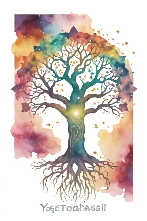 A tattoo of Yggdrasil, the World Tree, with its branches reaching into the universe and stars shining through its leaves tattoo design idea