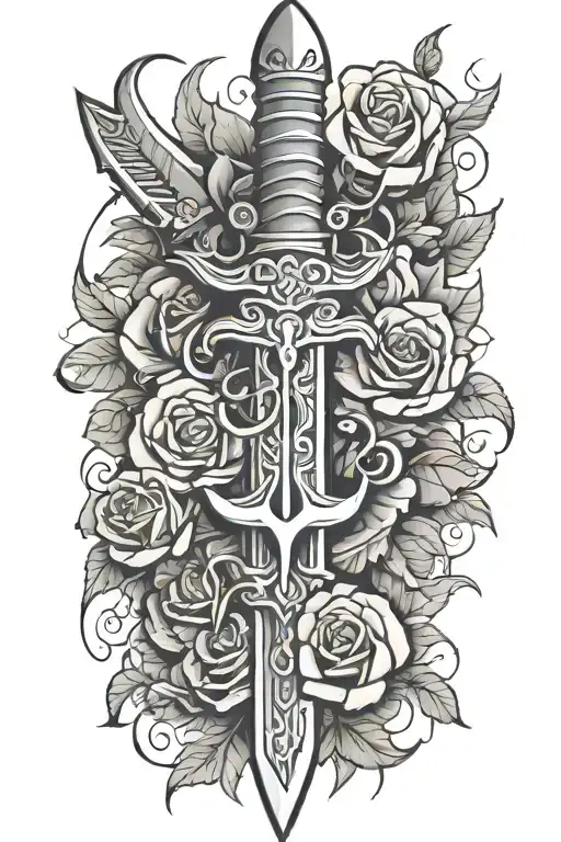 tribal dagger covered in thorns and roses tattoo design idea