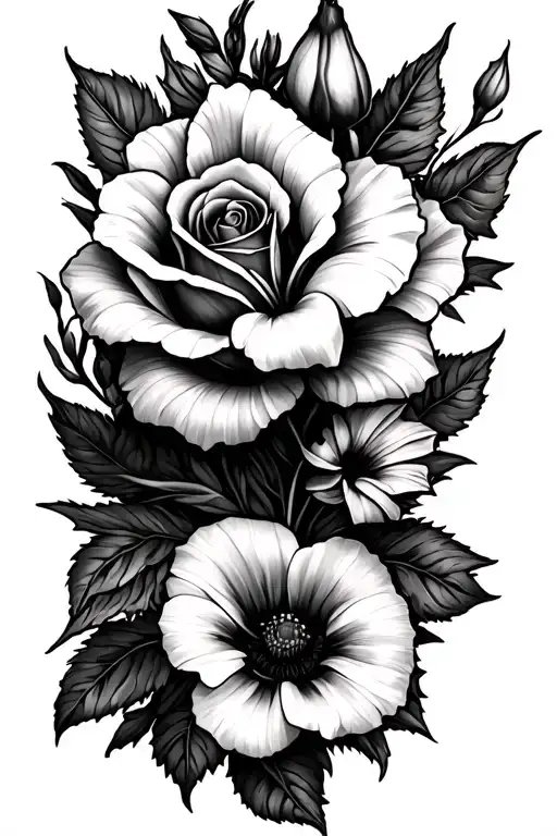 Lower half sleeve (starting at elbow, wrapping around forearm) containing: Rose, Lily, Daisy, Poppy, Morning Glory as fo tattoo design idea
