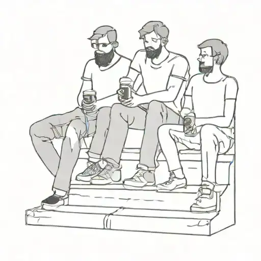 Group of friends sitting on a staircase that has become a tradition, drinking a beer after a day of work. tattoo design idea