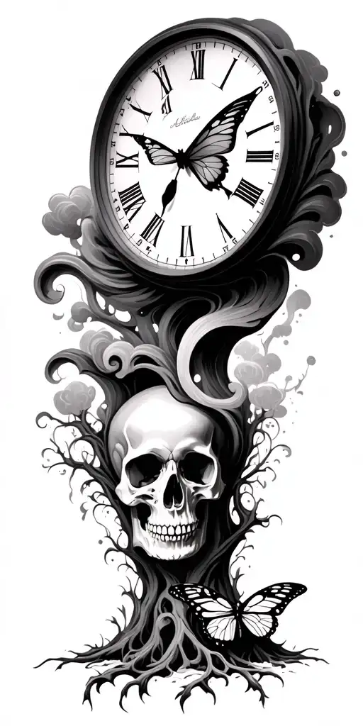 swirl cloud background. Celtic tree. clock. butterfly out of skull.  tattoo design idea