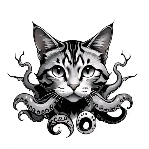 cat and tentacles hybrid tattoo, placed on chest and shoulders, black and white.  tattoo design idea