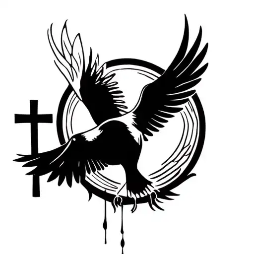 A tattoo representing mourning with a dove that flies away, also with a cross while remaining minimalist tattoo design idea
