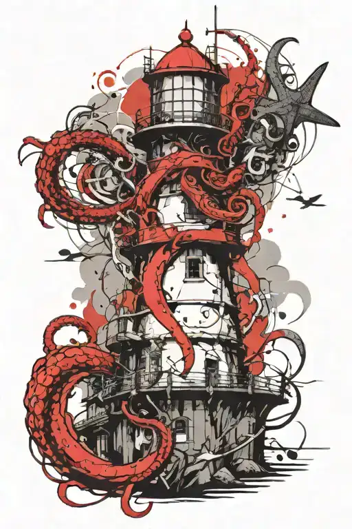 crakin tentacles wraping around lighthouse in Japanese style tattoo design idea