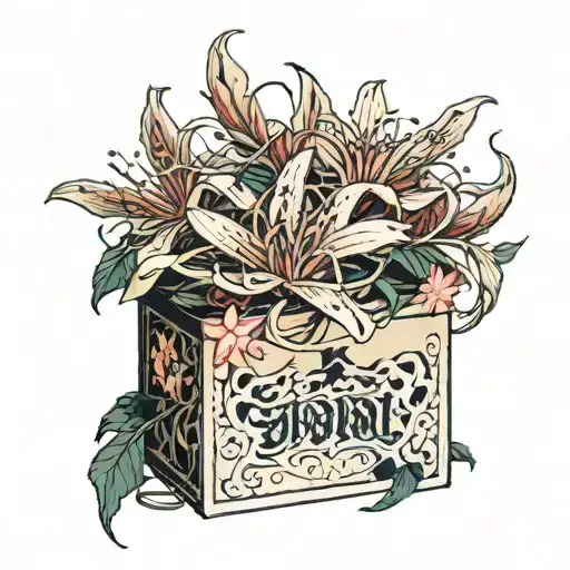 Japanese spider lilies coming out of a box, the name Jordi is interwoven in the stems of the spider lilies  tattoo design idea