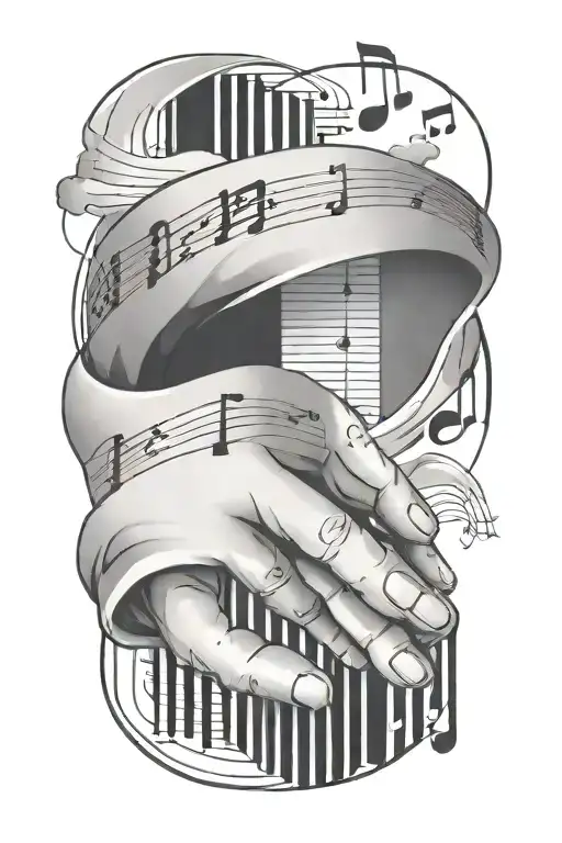 keyboard running down to back of hand  twisting around forarm. music staff of 4 measures with a melody. clouds tattoo design idea