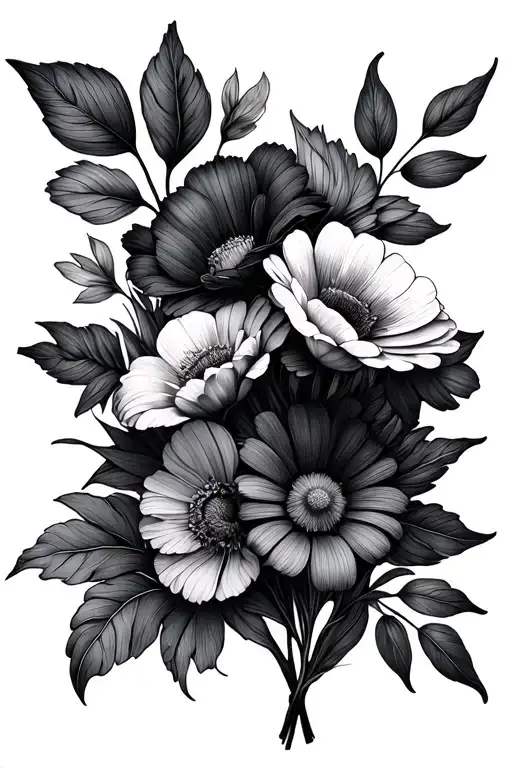 birth flowers bouquet of flowers intertwined using March, April, May, July, and November tattoo design idea