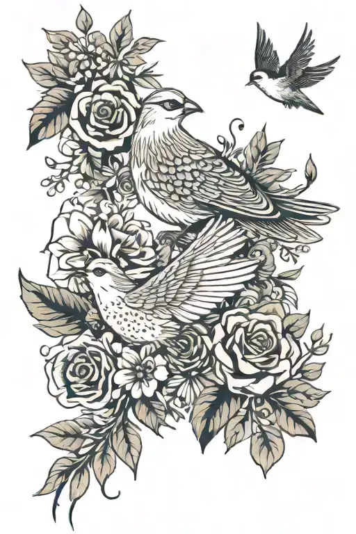 botanicals and birds soaring tattoo design idea