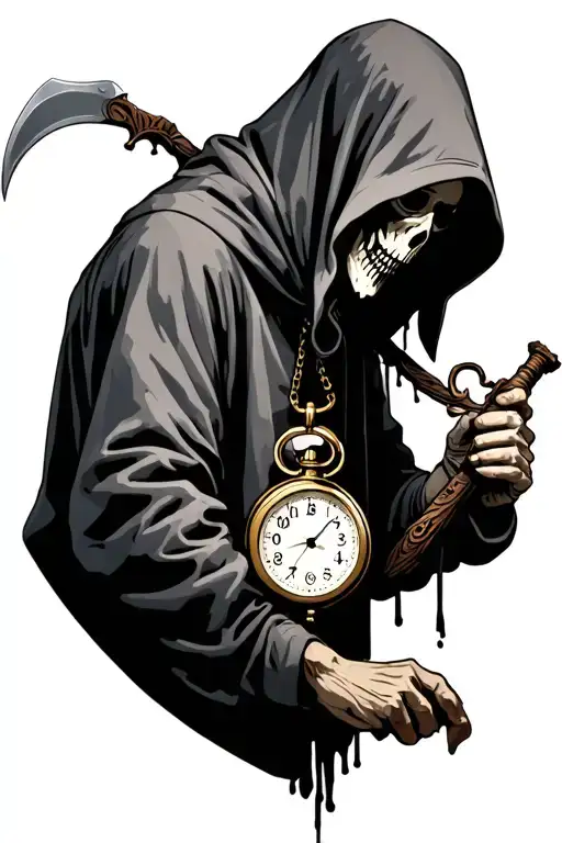 grim reaper holding a small handheld clock, reaching for a scyth on his back. face hidden i shadow of his hoodie with ey tattoo design idea