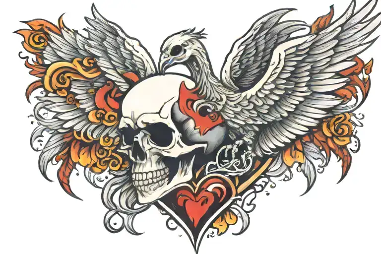 skull heart phoenix rising from the ashes tattoo design idea