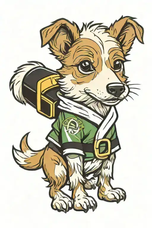 short haied Portuguese Podengo Pequeno with cream and white fur wearing a Brazilian Jiu-Jitsu gi and black belt.  tattoo design idea