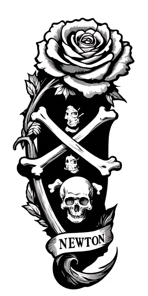 Yorkshire  rose, family crest crossbones with family name newton, coal mining tattoo design idea