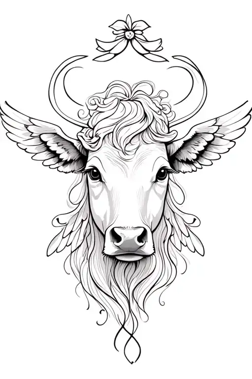 female cow head thin lines stencil  feminine beautiful with angel wings simple  tattoo design idea