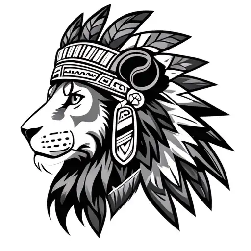 side profile of a lion head wearing Aztec headgear  tattoo design idea