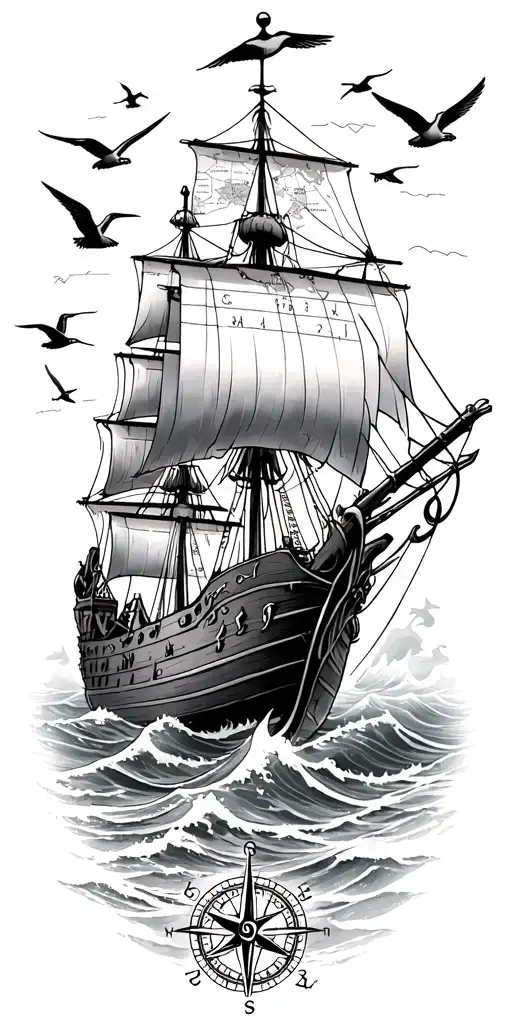 Pirate ship on ocean waves, compass, map fragments, seagulls, anchor, fine line, family script, One Piece inspired. tattoo design idea