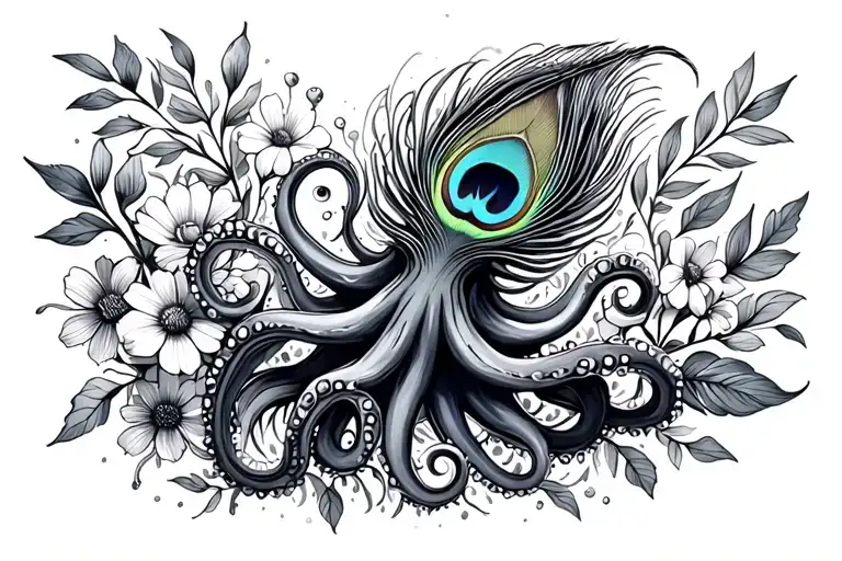 peacock feather and octopus tentacles with wild flowers tattoo design idea
