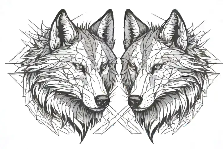 two wolf's head one of them angry with big teehts tattoo design idea