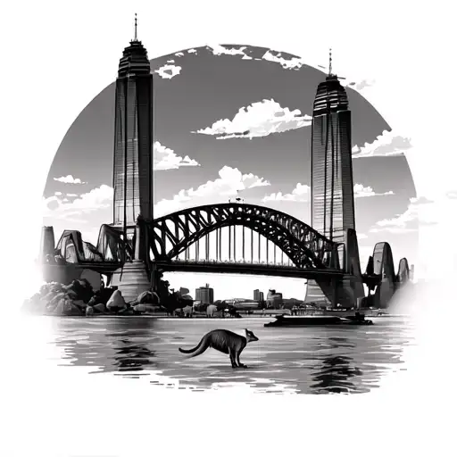 sydney harbour bridge, uluru rock, twin towers and kangaroo tattoo design idea