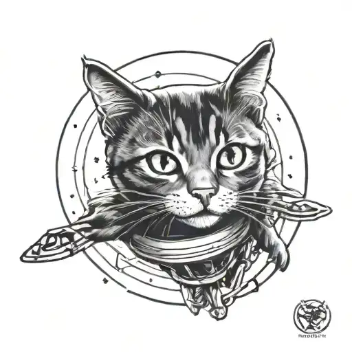 cat being abducted by ufo beaming tattoo design idea