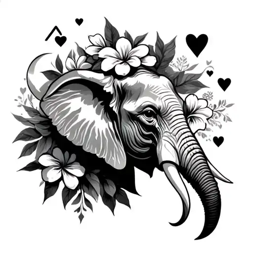 elephant head surrounded by frangipanis, hearts and moons with the Aries and Sagittarius signs.  tattoo design idea