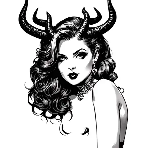 Black Pin Up Girl devil horns tattoo design idea