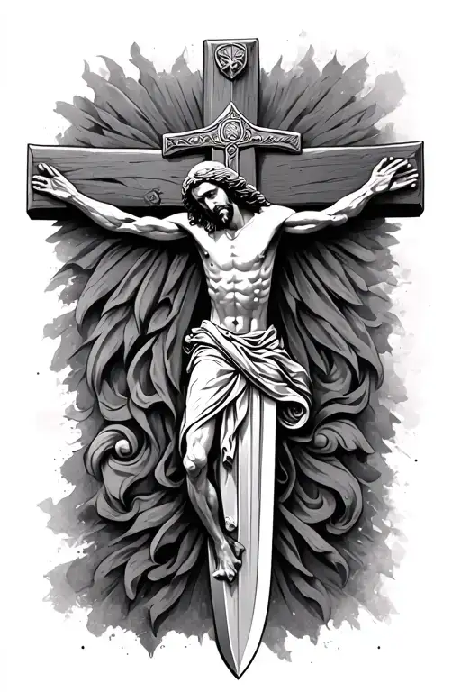 a crusader sword that transforms jnto jesus on the cross tattoo design idea