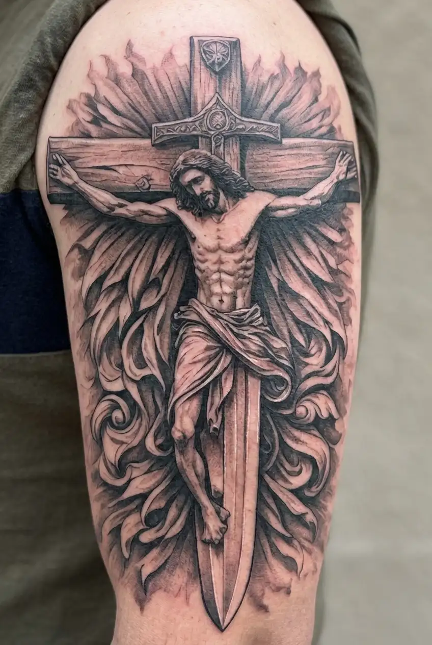 a crusader sword that transforms jnto jesus on the cross tattoo design idea