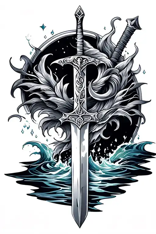 tattoo that combines biblical symbolism with fantasy art vibes, with a sword & water and light motifs tattoo design idea