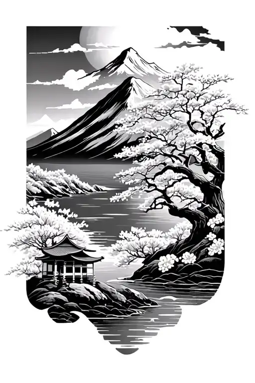 A mountain in the background with a river, sakura and a Japanese tori in the foreground tattoo design idea