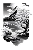 A mountain in the background with a river, sakura and a Japanese tori in the foreground tattoo design idea
