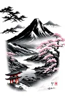 A mountain in the background with a river, sakura and a Japanese tori in the foreground tattoo design idea
