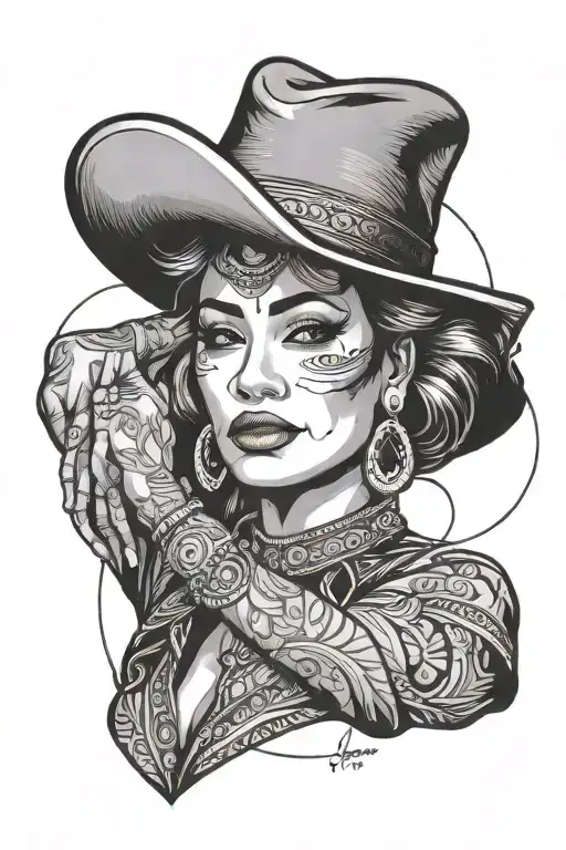 female colombian cumbia dancer with cowboy hat simple outline tattoo design idea
