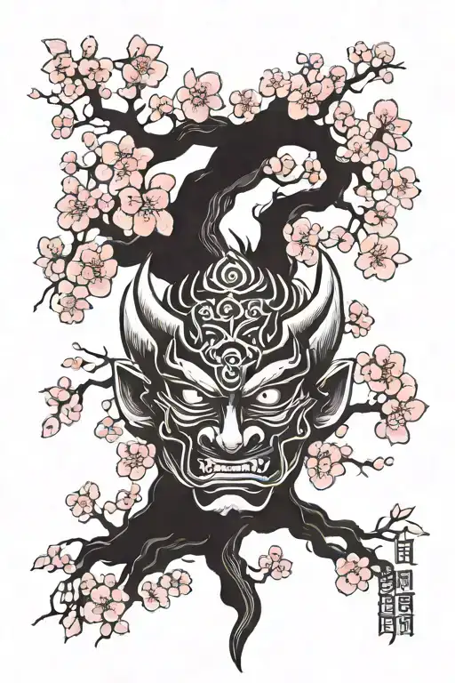 oni mask with Nordic tree of life and pink Sakura blossoms  tattoo design idea