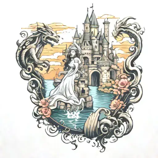 princess in a castle saved by a warrior with a monster in the lake waters in thr background tattoo design idea