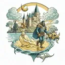 princess in a castle saved by a warrior with a monster in the lake waters in thr background tattoo design idea