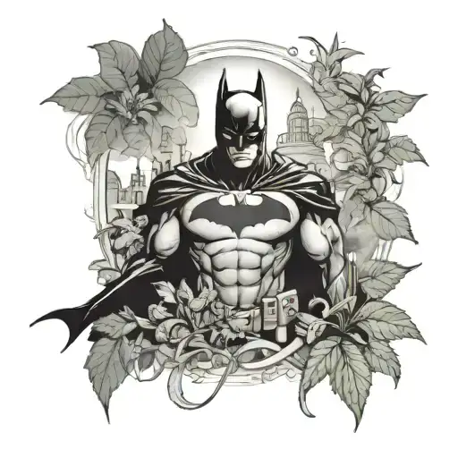 A dark and mysterious tattoo of Batman's silhouette surrounded by smoke and weed plants, with the skyline of Argentina in the background tattoo design idea