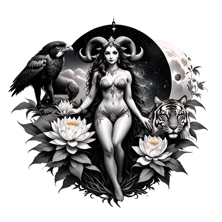 sexy aries goddess surrounded by lotus and peony flowers growing with a hawk and tiger in a galaxy landscape with mars tattoo design idea